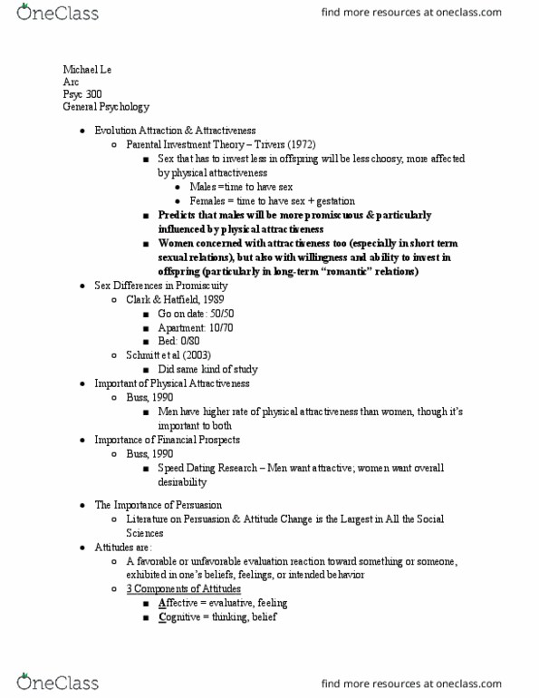 PSYC 300 Lecture Notes - Lecture 15: David Buss, Physical Attractiveness, Promiscuity thumbnail