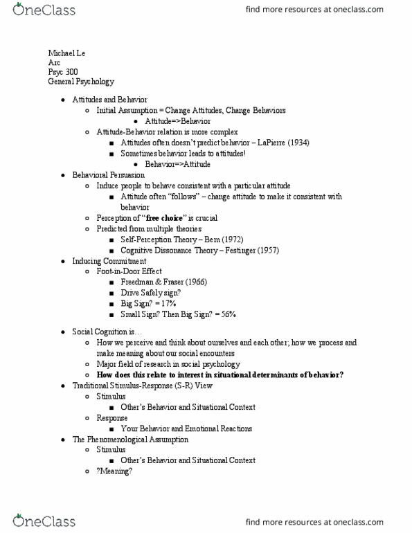 PSYC 300 Lecture Notes - Lecture 16: Cognitive Dissonance thumbnail