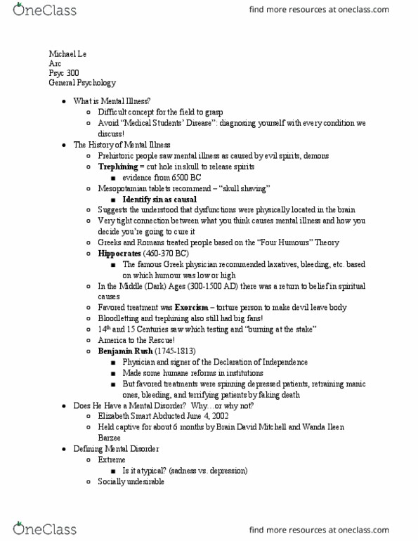 PSYC 300 Lecture Notes - Lecture 28: Kidnapping Of Elizabeth Smart, Humorism, Trepanning thumbnail