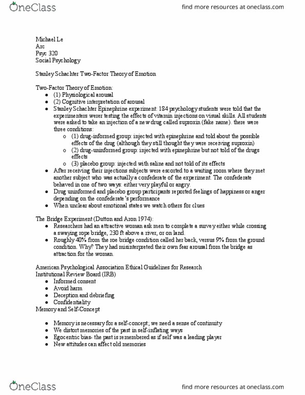 PSYC 320 Lecture Notes - Lecture 16: Institutional Review Board, Stanley Schachter, American Psychological Association thumbnail