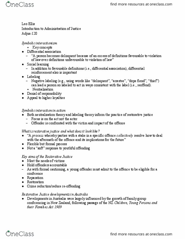 ADJUS-120 Lecture Notes - Lecture 30: Iatrogenesis, Restorative Justice, Labeling Theory thumbnail