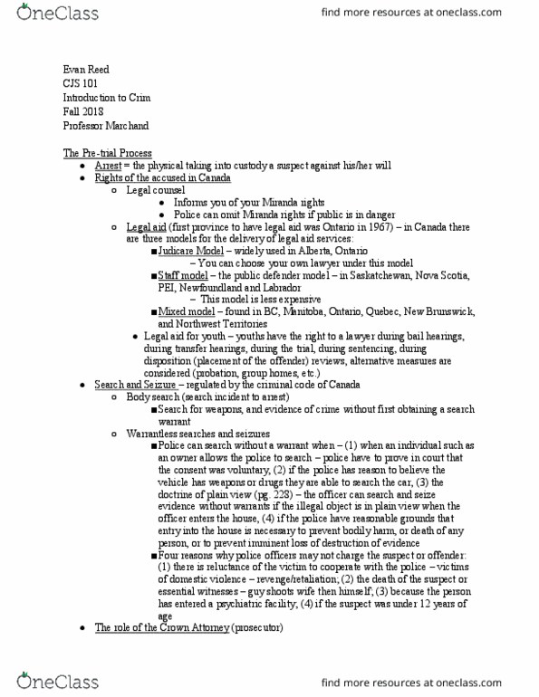 CJS 101 Lecture Notes - Lecture 24: Miranda Warning, Legal Aid, Crown Attorney thumbnail