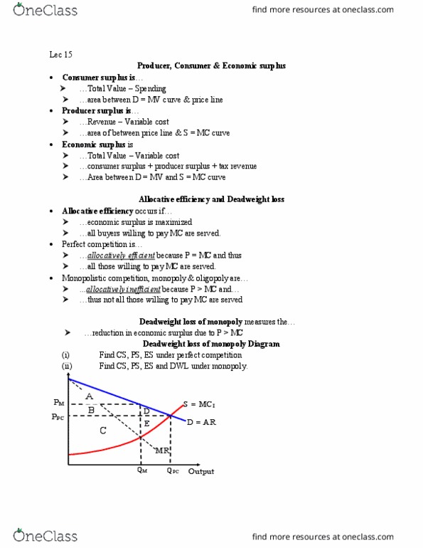 ECON 120W Lecture Notes - Lecture 11: Perfect Competition, Deadweight Loss, Allocative Efficiency thumbnail