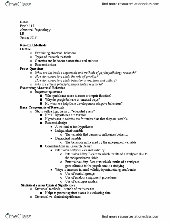 PSYCH 115 Lecture Notes - Lecture 20: Internal Validity, Statistical Significance, Research thumbnail