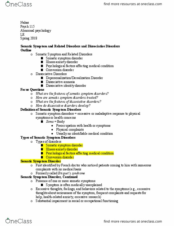 PSYCH 115 Lecture Notes - Lecture 23: Somatic Symptom Disorder, Dissociative Identity Disorder, Psychogenic Amnesia thumbnail