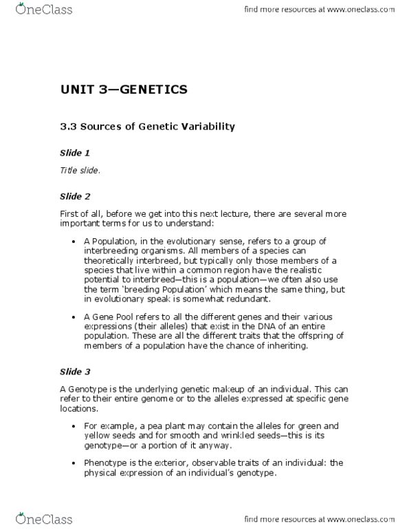 ARCH 131 Lecture Notes - Allele Frequency, Genetic Variability, Unit thumbnail