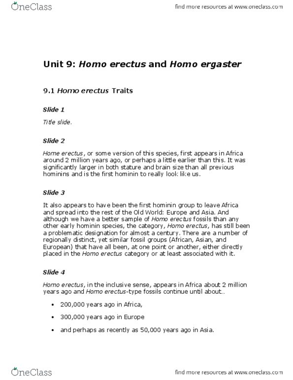 ARCH 131 Lecture Notes - Homo Erectus, Homo Ergaster, Homo Heidelbergensis thumbnail