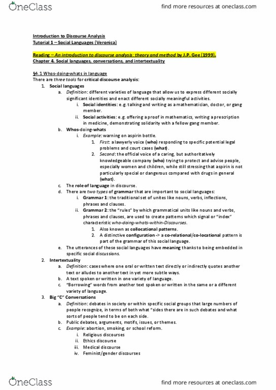 REGNRSG 105 Lecture Notes - Lecture 43: Critical Discourse Analysis, Discourse Analysis, Intertextuality thumbnail