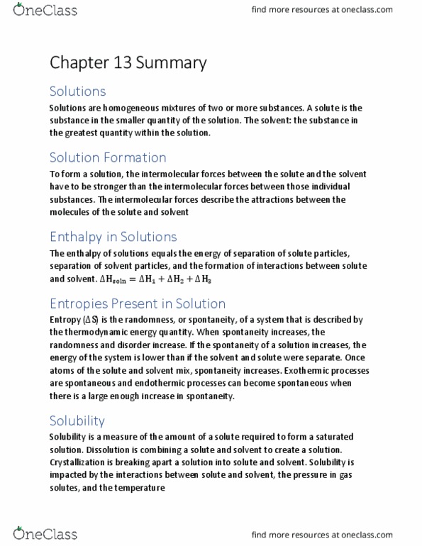 CHE-1102 Chapter Notes - Chapter 13: Intermolecular Force, Enthalpy, Exothermic Process thumbnail