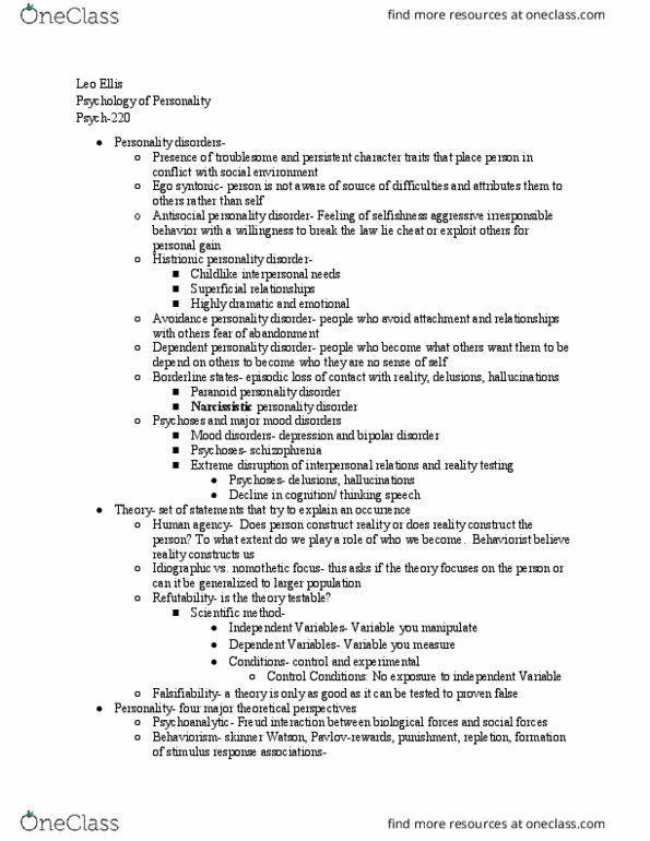 PSYCH-220 Lecture Notes - Lecture 2: Dependent Personality Disorder, Histrionic Personality Disorder, Paranoid Personality Disorder thumbnail