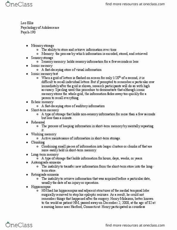 PSYCH-190 Lecture Notes - Lecture 10: Anterograde Amnesia, Temporal Lobe, Retrograde Amnesia thumbnail
