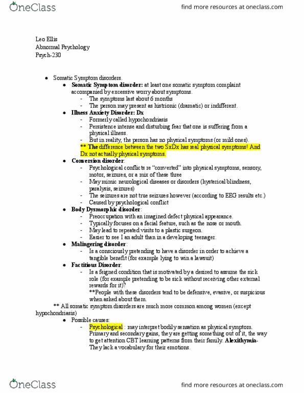 PSYCH-230 Lecture Notes - Lecture 16: Factitious Disorder, Conversion Disorder, Plastic Surgery thumbnail