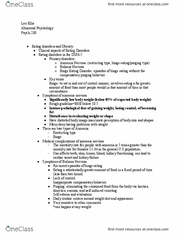 PSYCH-230 Lecture Notes - Lecture 20: Binge Eating Disorder, Binge Eating, Bulimia Nervosa thumbnail