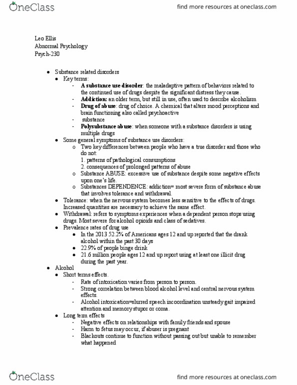 PSYCH-230 Lecture Notes - Lecture 23: Psychoactive Drug, Alcohol By Volume, Personality Disorder thumbnail