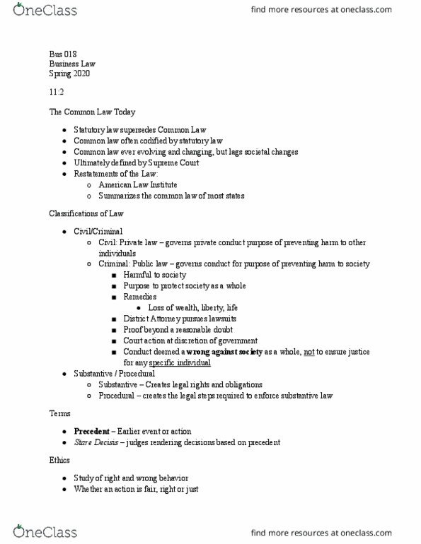 BUS 018 Lecture Notes - Lecture 22: American Law Institute, Precedent, Private Law thumbnail