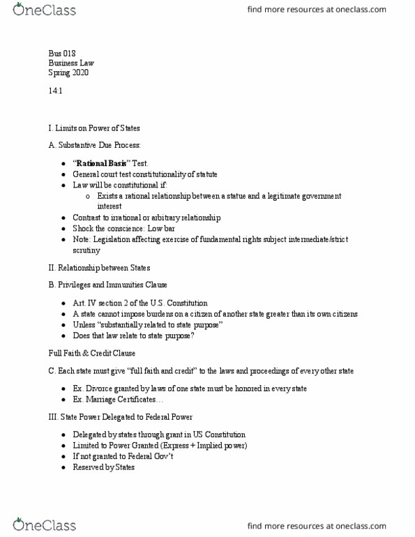 BUS 018 Lecture Notes - Lecture 27: Supremacy Clause, Commerce Clause thumbnail