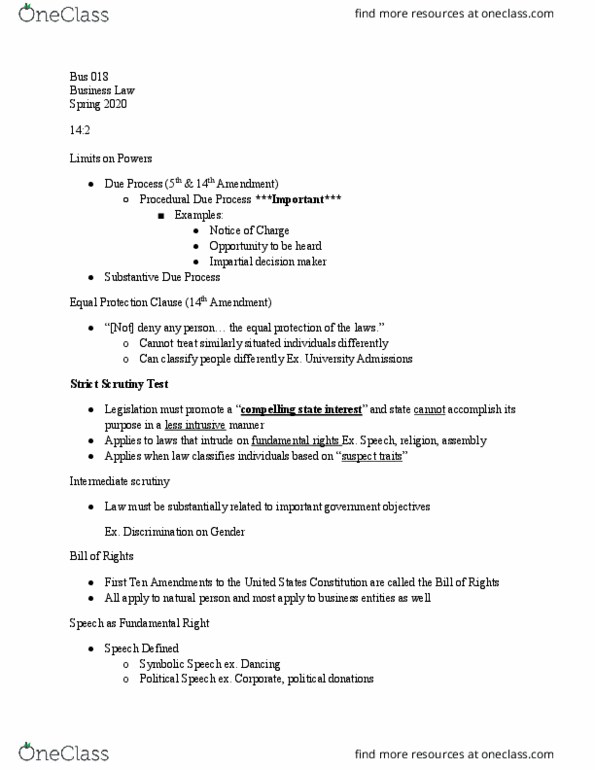 BUS 018 Lecture Notes - Lecture 28: Health Insurance Portability And Accountability Act, Equal Protection Clause, United States Constitution thumbnail