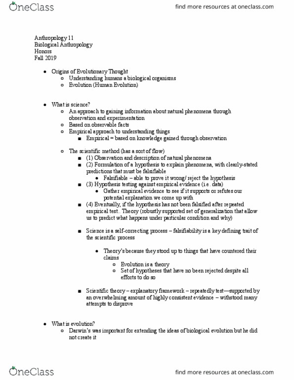 ANTH 011 Lecture Notes - Lecture 2: Biological Anthropology, Falsifiability, Statistical Hypothesis Testing thumbnail