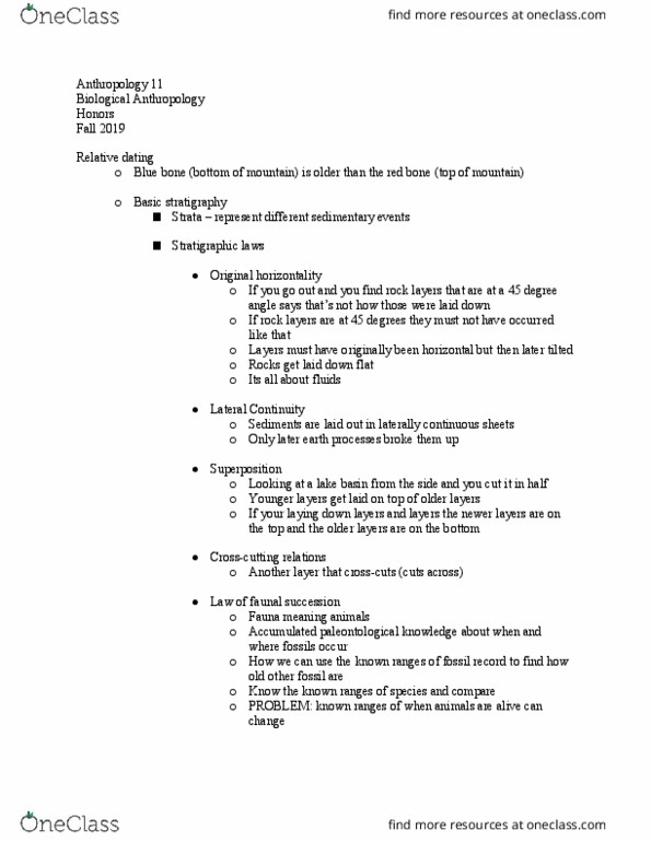 ANTH 011 Lecture Notes - Lecture 21: Principle Of Faunal Succession, Biological Anthropology, Relative Dating thumbnail