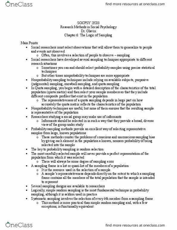 SOCPSY 2K03 Chapter Notes - Chapter 6: Nonprobability Sampling, Simple Random Sample, Quota Sampling thumbnail