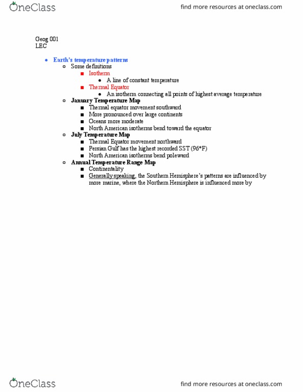 GEOG 001 Lecture Notes - Lecture 7: Thermal Equator, Northern Hemisphere, Humid Continental Climate thumbnail