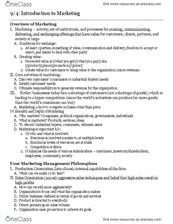 MKT 337 Lecture Notes - Lecture 1: Marketing, Business Marketing, Individualism thumbnail