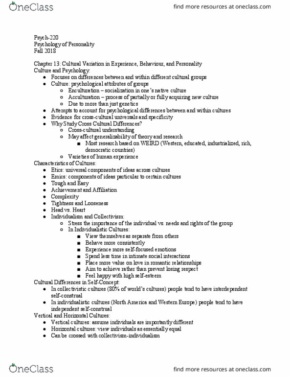 PSYCH-220 Chapter Notes - Chapter 13: Acculturation, Enculturation, Ethnocentrism thumbnail