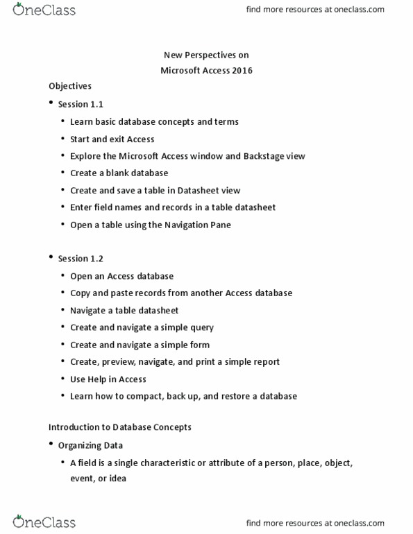 SMS221 Chapter Notes - Chapter 1: Microsoft Access, Query Language, Foreign Key thumbnail