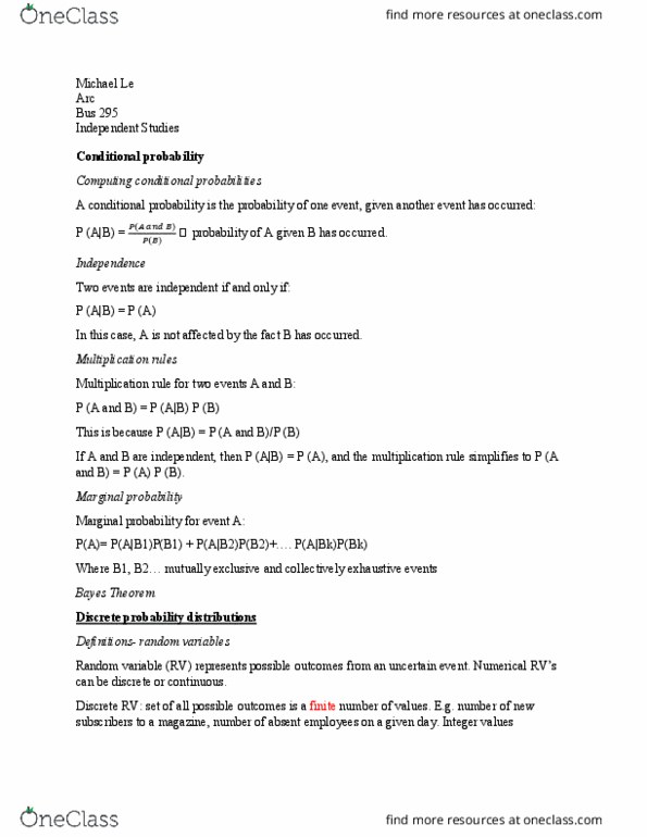 BUS 295 Lecture Notes - Lecture 10: Collectively Exhaustive Events, Random Variable, Marginal Distribution thumbnail