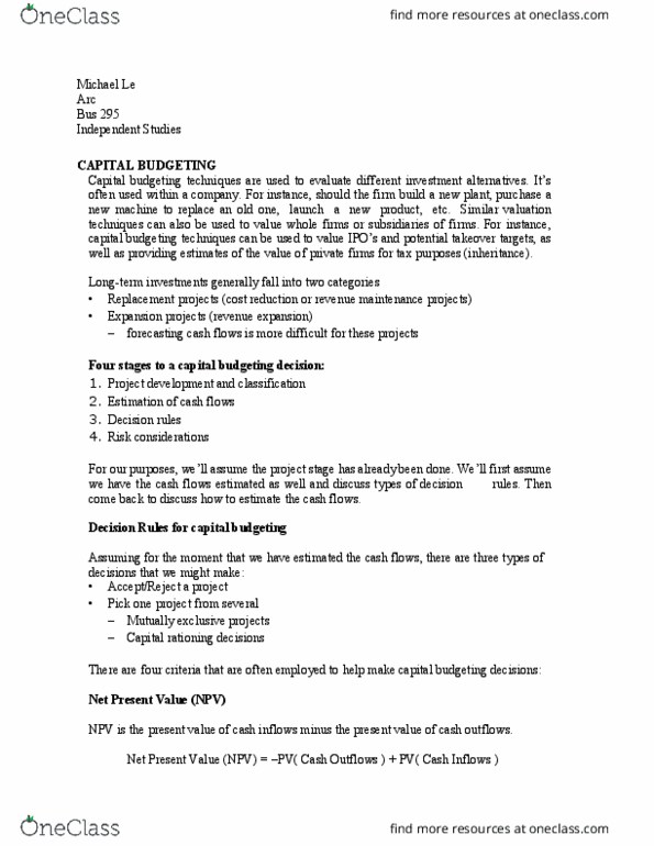 BUS 295 Lecture Notes - Lecture 20: Net Present Value, Capital Budgeting, Cash Flow thumbnail