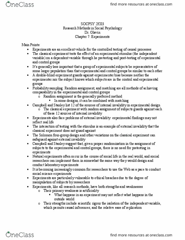 SOCPSY 2K03 Chapter Notes - Chapter 7: Observer-Expectancy Effect, Western Electric, Hawthorne Effect thumbnail