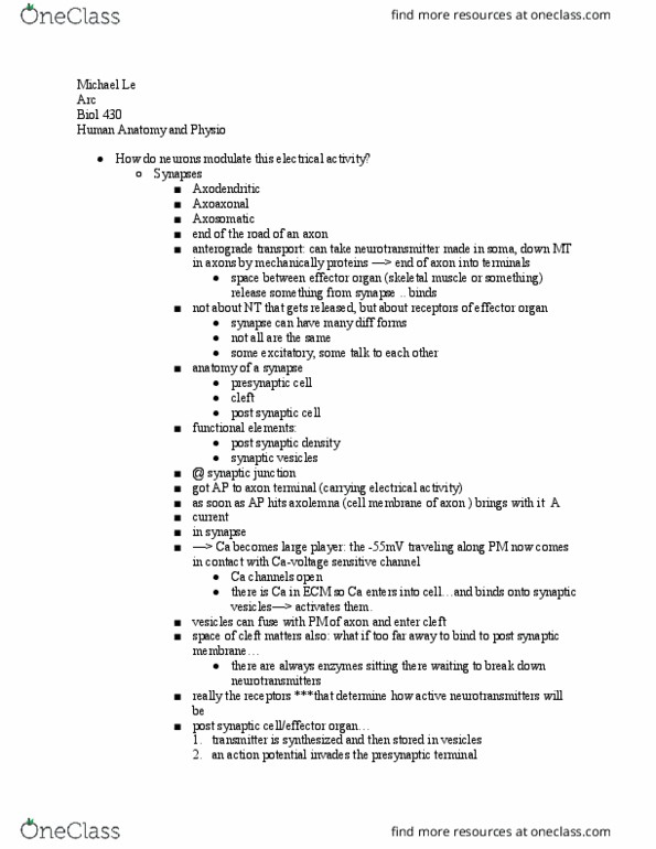 BIOL 430 Lecture Notes - Lecture 15: Axon Terminal, Skeletal Muscle, Neurotransmitter thumbnail