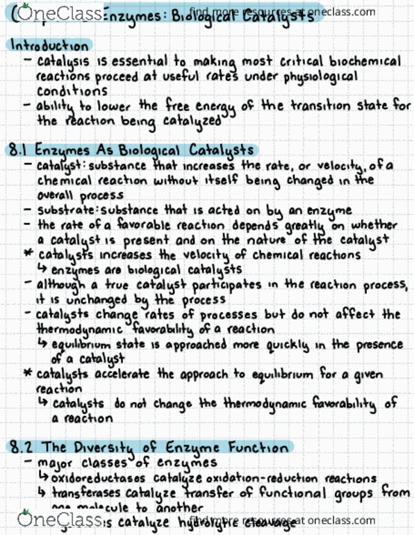 BIOCHEM 420 Chapter Notes - Chapter 8: Reaction Rate, Enzyme, Metal thumbnail