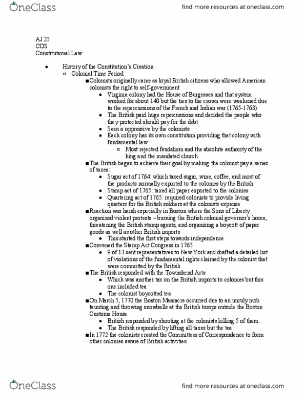 AJ 025 Lecture Notes - Lecture 17: Stamp Act Congress, Townshend Acts, Tea Act thumbnail