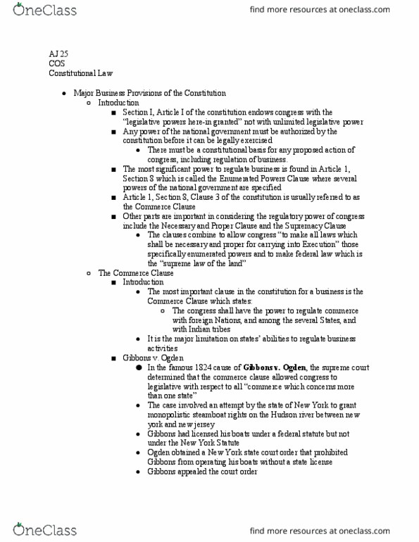AJ 025 Lecture Notes - Lecture 20: Commerce Clause, Supremacy Clause, Enumerated Powers thumbnail
