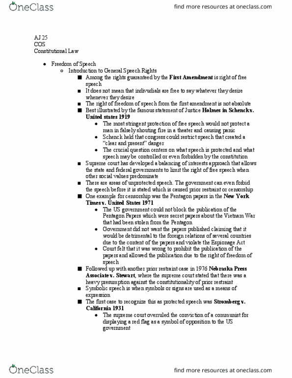 AJ 025 Lecture Notes - Lecture 25: Pentagon Papers, Prior Restraint, Symbolic Speech thumbnail