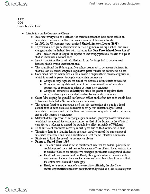 AJ 025 Lecture Notes - Lecture 22: Brady Handgun Violence Prevention Act, Commerce Clause, School Zone thumbnail