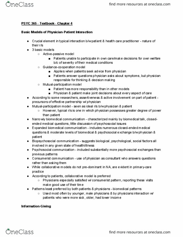 PSYC 365 Chapter Notes - Chapter 4: Jargon, Positive Tone, Health Professional thumbnail