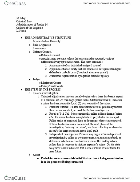AJ 014 Lecture Notes - Lecture 2: Arrest Warrant, Affidavit, Misdemeanor thumbnail