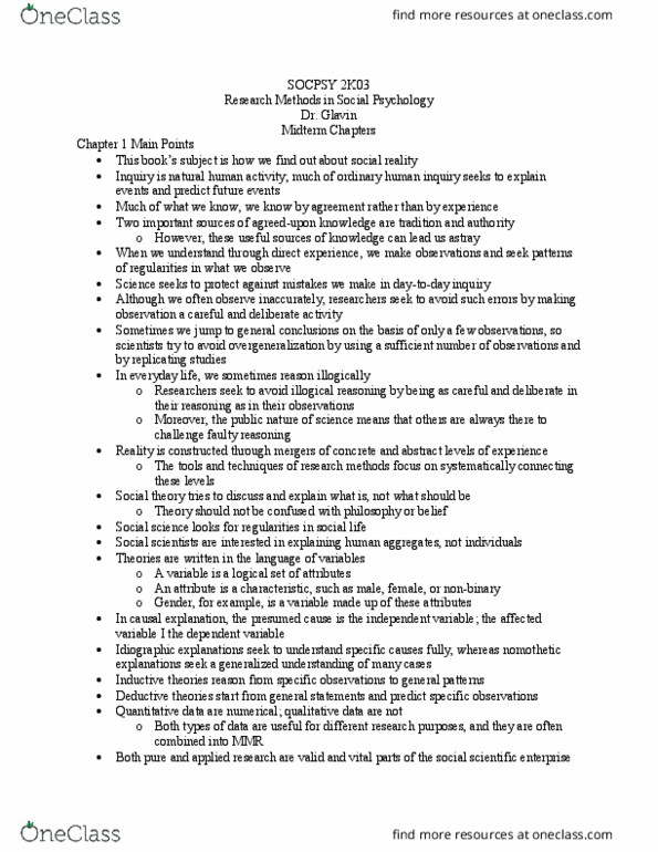 SOCPSY 2K03 Chapter Notes - Chapter Midterm: Hawthorne Effect, Statistical Inference, Observer-Expectancy Effect thumbnail