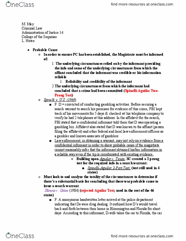 AJ 014 Lecture Notes - Lecture 10: Exigent Circumstance, Informant, Affidavit thumbnail