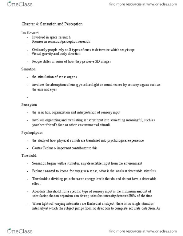 PSY100H1 Chapter Notes - Chapter 4: Absolute Threshold, Psychophysics, Human Eye thumbnail