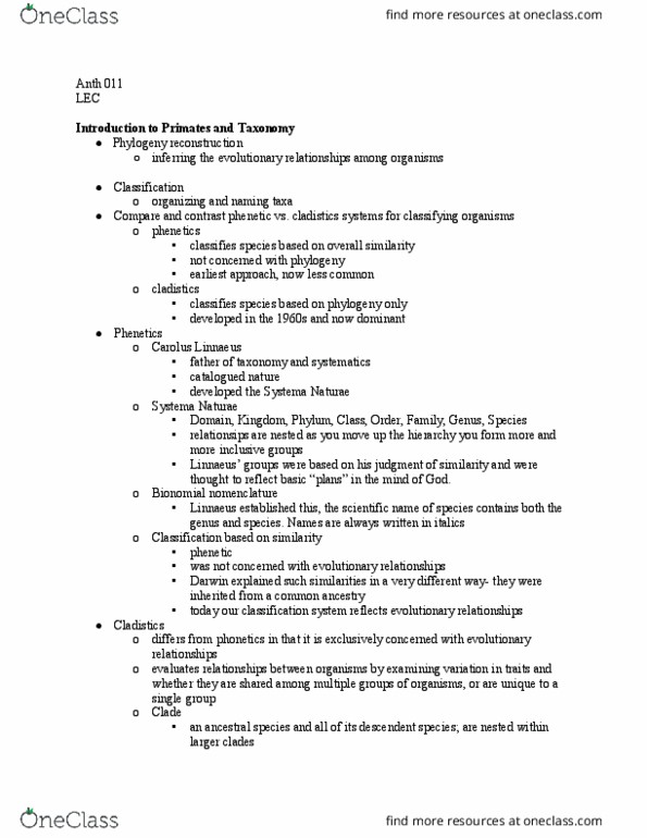 ANTH 011 Lecture Notes - Lecture 8: Carl Linnaeus, Phenetics, Cladistics thumbnail