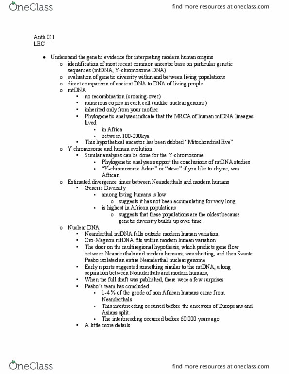 ANTH 011 Lecture Notes - Lecture 26: Multiregional Origin Of Modern Humans, Mitochondrial Eve, Geode thumbnail