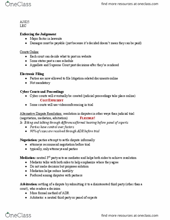 AJ 025 Lecture Notes - Lecture 11: Alternative Dispute Resolution, Videotelephony, Federal Arbitration Act thumbnail