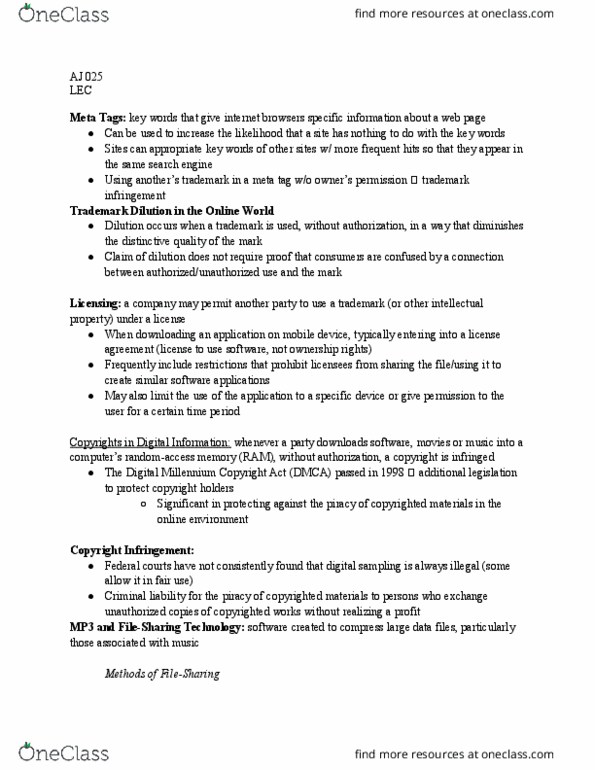 AJ 025 Lecture Notes - Lecture 27: Digital Millennium Copyright Act, Meta Element thumbnail