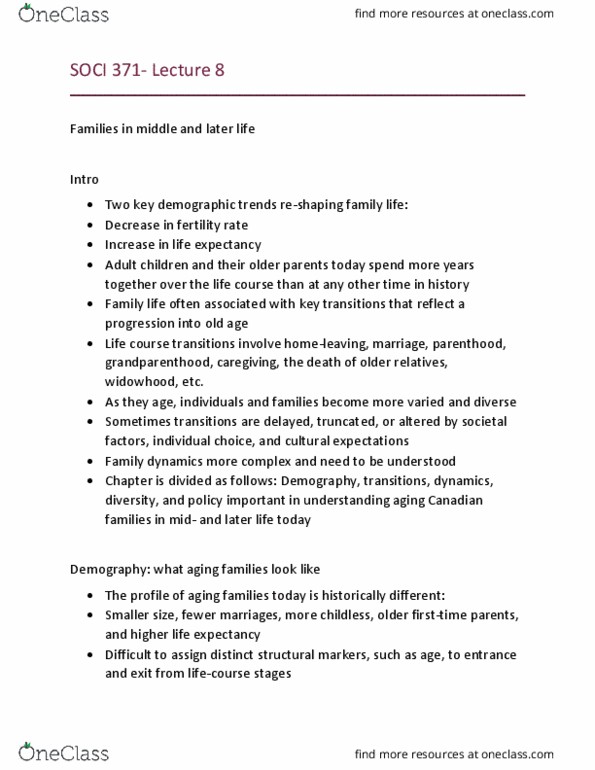 SOCI 371 Lecture Notes - Lecture 8: Genetic Marker, Sandwich Generation, Population Ageing thumbnail