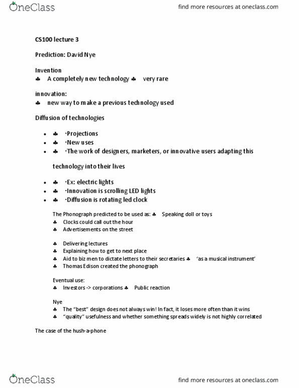 CS100 Lecture Notes - Lecture 3: Thomas Edison, Phonograph, Star Chamber thumbnail