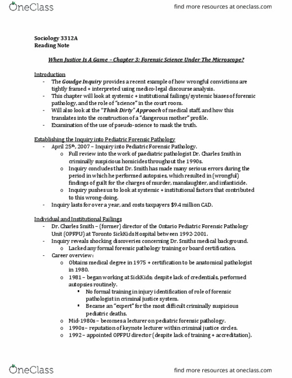 Sociology 3312A/B Chapter Notes - Chapter 3: Forensic Pathology, Anatomical Pathology, The Hospital For Sick Children thumbnail