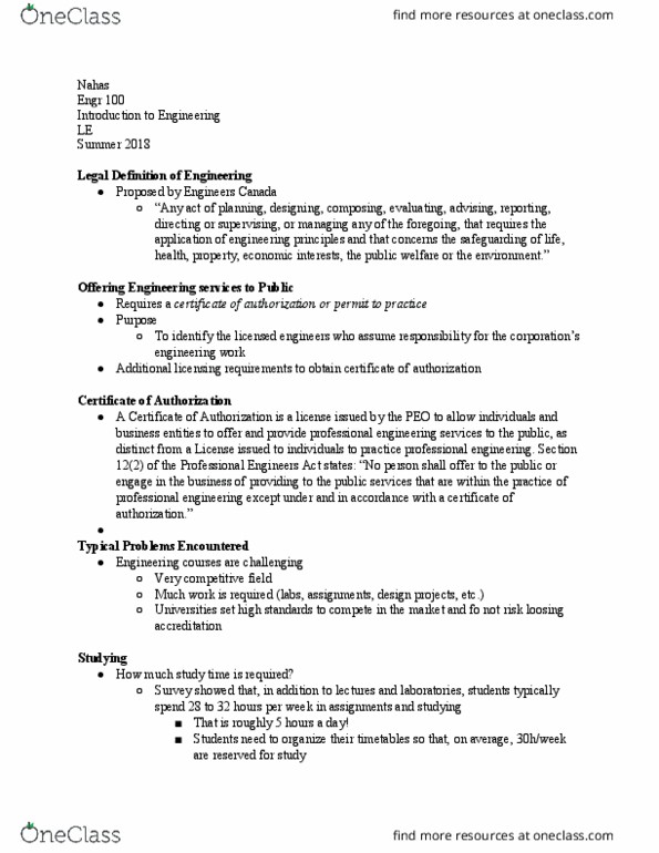 ENGR 100 Lecture Notes - Lecture 7: Institute For Operations Research And The Management Sciences, Canadian Council Of Professional Engineers thumbnail
